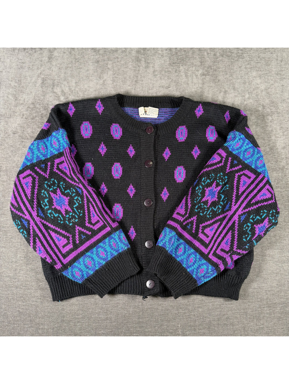 Vintage Michel Black Knit Cardigan with Purple and Blue Geometric Pattern
